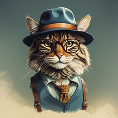An illustration of a wild cat wearing bowlers hat and specs. plane color background, 3D generative AI images of funny wildlife animals and birds .funny animals. animal art. print on demand. POD.