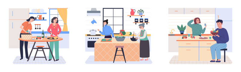 People cooking vegetarian food. Vector illustration. Fresh and healthy food. Vegetarian nutrition. Man woman dining, eat food and bake. Happy culinary. Lady at stove alone. Salad in vegetable bowl
