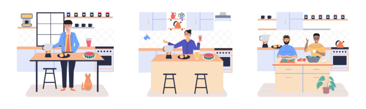 People cooking vegetarian food. Vector illustration. Fresh and healthy food. Vegetarian nutrition. Man woman dining, eat food and bake. Happy culinary. Lady at stove alone. Salad in vegetable bowl