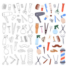 Hairdressing tools for barber shop design. Barbershop equipments vertical banner. Barber pole, razor blade, hair clipper, scissors, comb, dryer.