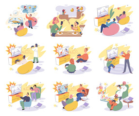 Game together. Family fun. Friendship time. Vector illustration. Engaging in game with friends brings out playful side in everyone People playing games together forge deep connections and create