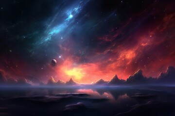 Fototapeta premium nebula mystical glow astronomy black astronaut night saucer outer space abstract beautiful cosmos spaceship shimmer flying halo background planet sun plasma star space magical sky light h background