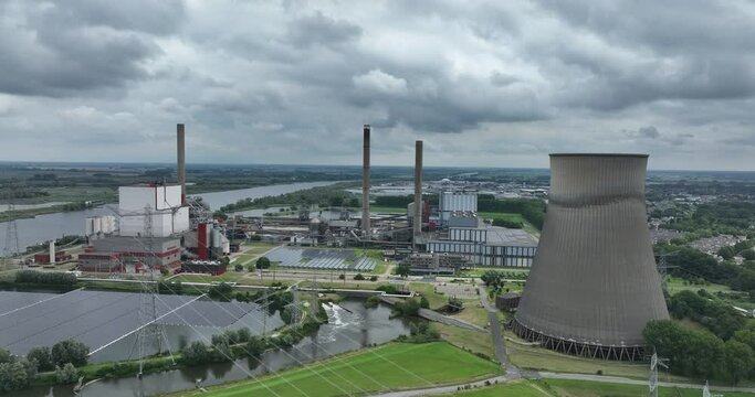 Aerial drone view of a biomass and coal power plant in The Netherlands.