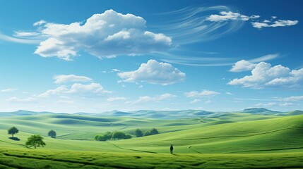 Obraz premium A green field with a blue sky and clouds in the background