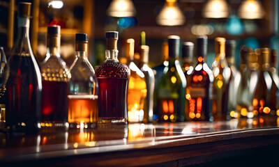 バーに並ぶ無数の酒瓶 Countless liquor bottles lining the bar