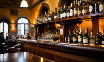 Fototapeta na wymiar ボトルがずらりと並ぶバー店内の風景 A view of the interior of the bar with bottles lined up in a row