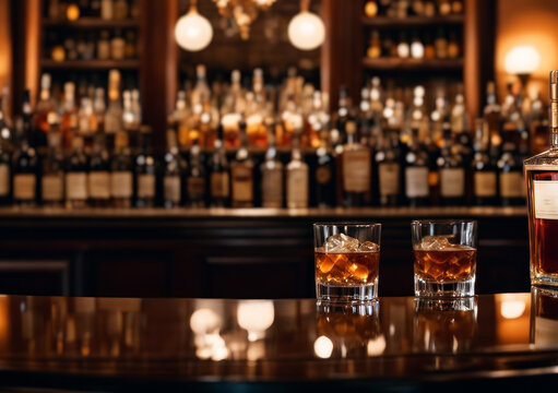 バーのカウンターに置かれた2つのウイスキーグラス Two whiskey glasses on the bar counter