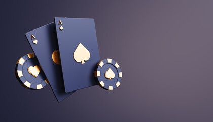 Casino cards poker blackjack baccarat Black ace symbols with gold metal 3d rendering