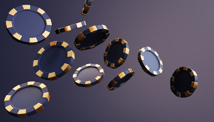 Casino chips and cubes on dark black background - 3d render. Flying chip for online casinos and mobile gambling applications, poker - winner, wealth concept.