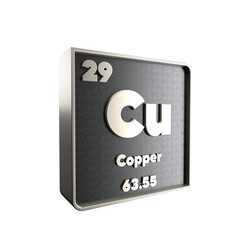 copper chemical element black and metal icon with atomic mass and atomic number. 3d render illustration.