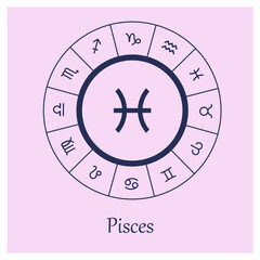 Pisces sign. Pisces zodiac sign symbole on pink background horoscope astrology. Astrological calendar. Zodiacal pink vector horoscope. Line (Woman, Woman, female, girl, baby girl
