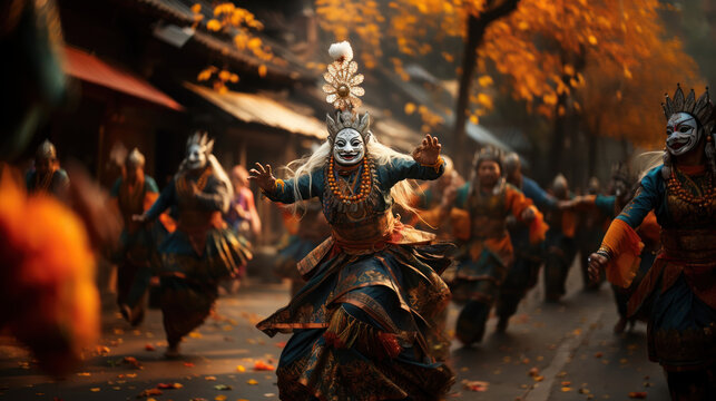 Unidentified people in traditional costume during the celebration of Nyepi festival.
