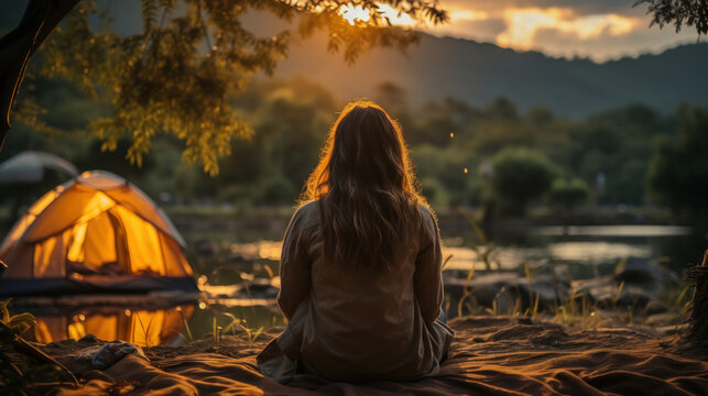 Young woman sitting in front of her tent and looking at the sunset.