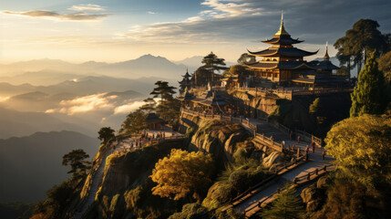 Sunset at the buddhist temple in the mountains of China. - obrazy, fototapety, plakaty