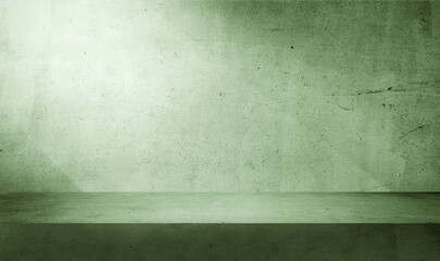 minimal abstract green concrete background with light for product displayed. shadow and light from windows on rustic plaster wall. green studio backdrop. cosmetic beauty presentation background.