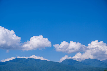 夏空と湯ノ丸高原が見える風景