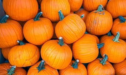 Stack of Pumpkins on display outside of a grocery store.