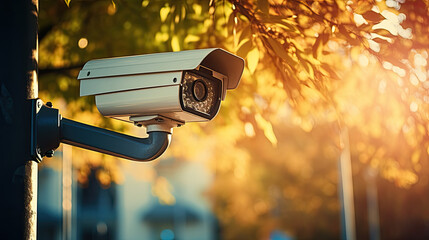 a security camera in the city park under a tree.