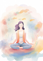 The woman of natural elegance embarks on a profound self-exploration during her meditation, discovering hidden treasures within herself in lotus position in the center of the frame.