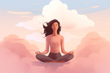Fototapeta na wymiar Woman in lotus position with serene expression in the center of the frame embracing pale clouds. inner silence while meditating, creating a space of stillness in her mind and heart.