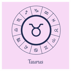Taurus sign. Taurus zodiac sign symbole on pink background horoscope astrology. Astrological calendar. Zodiacal pink vector horoscope. Line (Woman, Woman, female, girl, baby girl