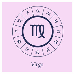 Virgo sign. Virgo zodiac sign symbole on pink background horoscope astrology. Astrological calendar. Zodiacal pink vector horoscope. Line (Woman, Woman, female, girl, baby girl