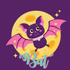 cute, bat flying  across the moon,illustration vector for halloween