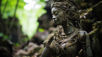 a statue made of stone like in thailand in the jungle of the aborigines.