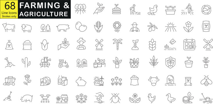 68 Line icons vector illustration  related to farming and agriculture. The icons include images of farm animals, farm equipment, plants, and buildings,farming, agriculture,