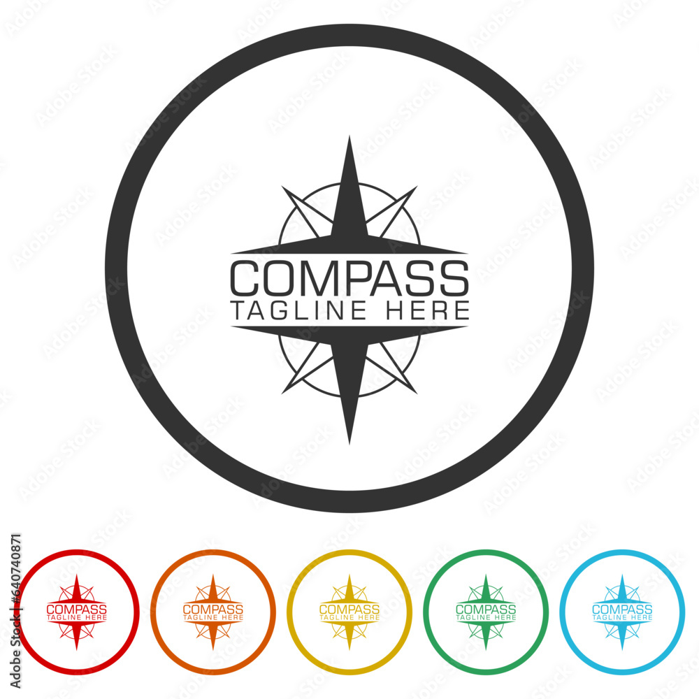 Poster compass concept logo design template. set icons in color circle buttons