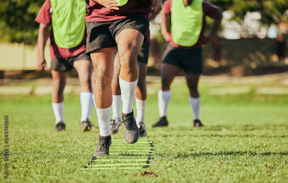 Wall mural Sports, running and men for rugby training, workout and exercise on grass field for competition. Fitness, teamwork and feet of athletes with equipment outdoors for match practice, challenge and game