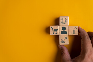 Wooden block handle, online marketplace, global trading, economic stimulus, internet trading.