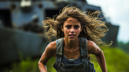 Vibrant image of a cheerful teenage girl captured in the midst of an energetic run, displays...