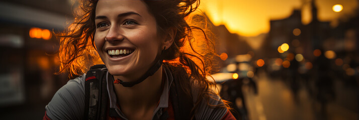 Exhilarating image showcasing joyful female cyclist in action against a vivid cityscape bathed in warm sunset hues, highlighting urban athleticism and enduring happiness.