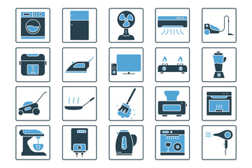 Home appliance icon set. icon related to household appliance. Containing washing machine, refrigerator, fan, vacuum cleaner, TV and more. Solid icon style design. Simple vector design editable