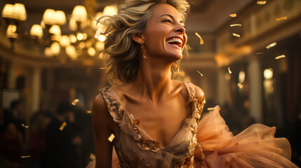 Radiant lady in 50s, laughing joyfully in designer gown. Luxurious blurred ballroom background exuding wealth, elegance and high society fashion.