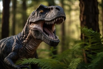 Dinosaur t-rex with open jaws in a pine forest, close-up.
