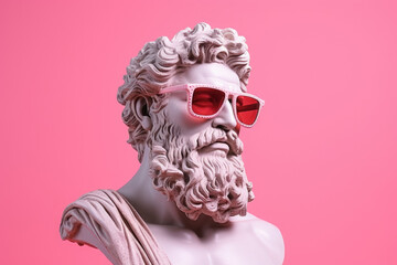 Greek sculpture of the god Zeus wearing rose-colored glasses on a pink background.  - obrazy, fototapety, plakaty