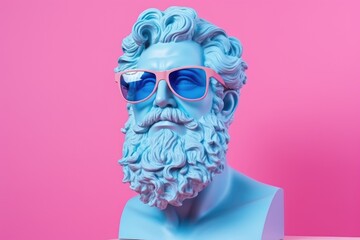 Greek blue bust with brutal god Zeus wearing pink glasses on pink pastel background.
