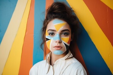 Portrait of teenage girl with abstract art makeup on abstract geometric multicolored background, close up.