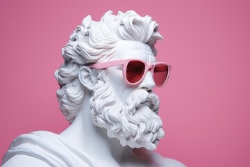 Greek sculpture of the god Zeus wearing rose-colored glasses on a pink background.