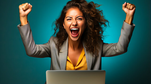 Triumphant entrepreneur woman with raised arms, elated by major deal success, sitting before laptop on plain backdrop, embodies ambition, leadership and joy.
