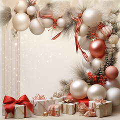 Fototapeta na wymiar white shiny background frame Christmas New Year greeting card with Christmas balls, ribbons, gifts