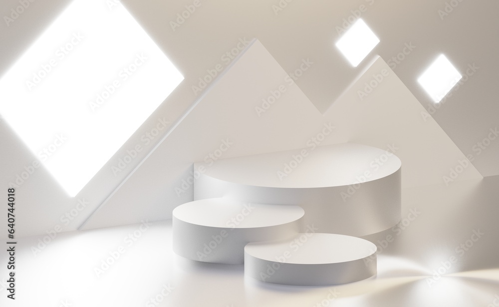 Poster abstract white background for product presentation with white round podium. podium 3d rendering.