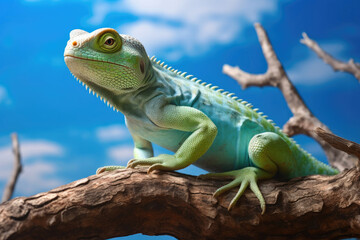 Obraz premium Glistening Green Lizard Perched on a Tree Branch