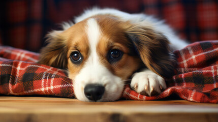 Bored Young Dog Lounging Beneath the Plaid