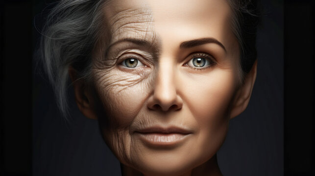 Faces of Young and Old Women. Concept Of Aging And Skin Care. AI Generated