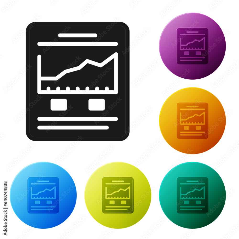 Poster black website with stocks market growth graphs and money icon isolated on white background. monitor 