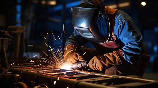Welding work in a factory, a male welder welds steel - Powered by Adobe