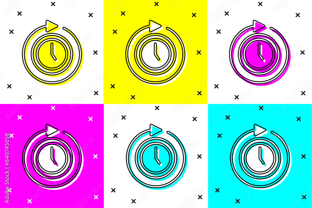 Poster set clock with arrow icon isolated on color background. time symbol. clockwise rotation icon arrow a